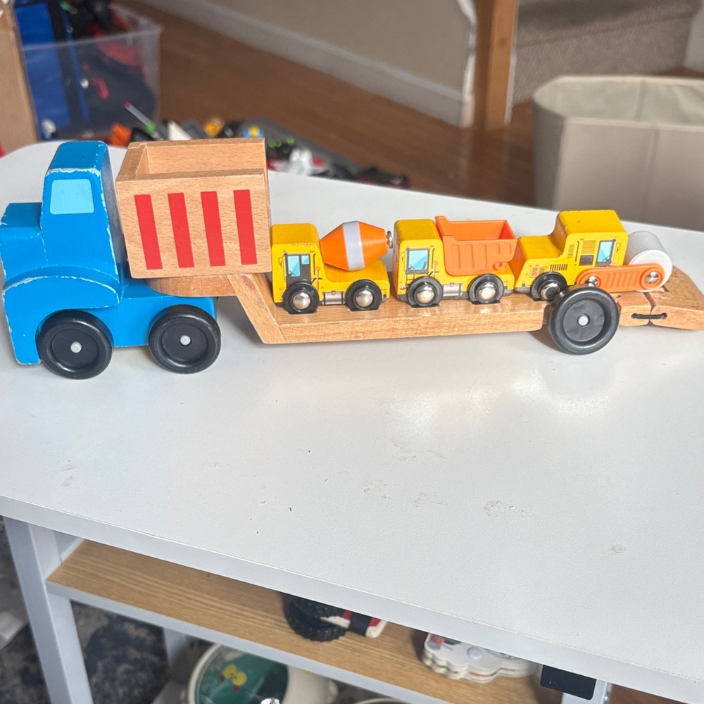 Melissa & Doug Wooden Toy Truck with Blue and Yellow Cars